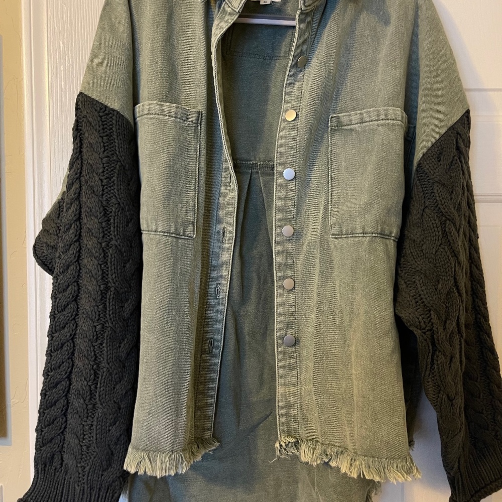 Olive green denim jacket with sweater sleeves